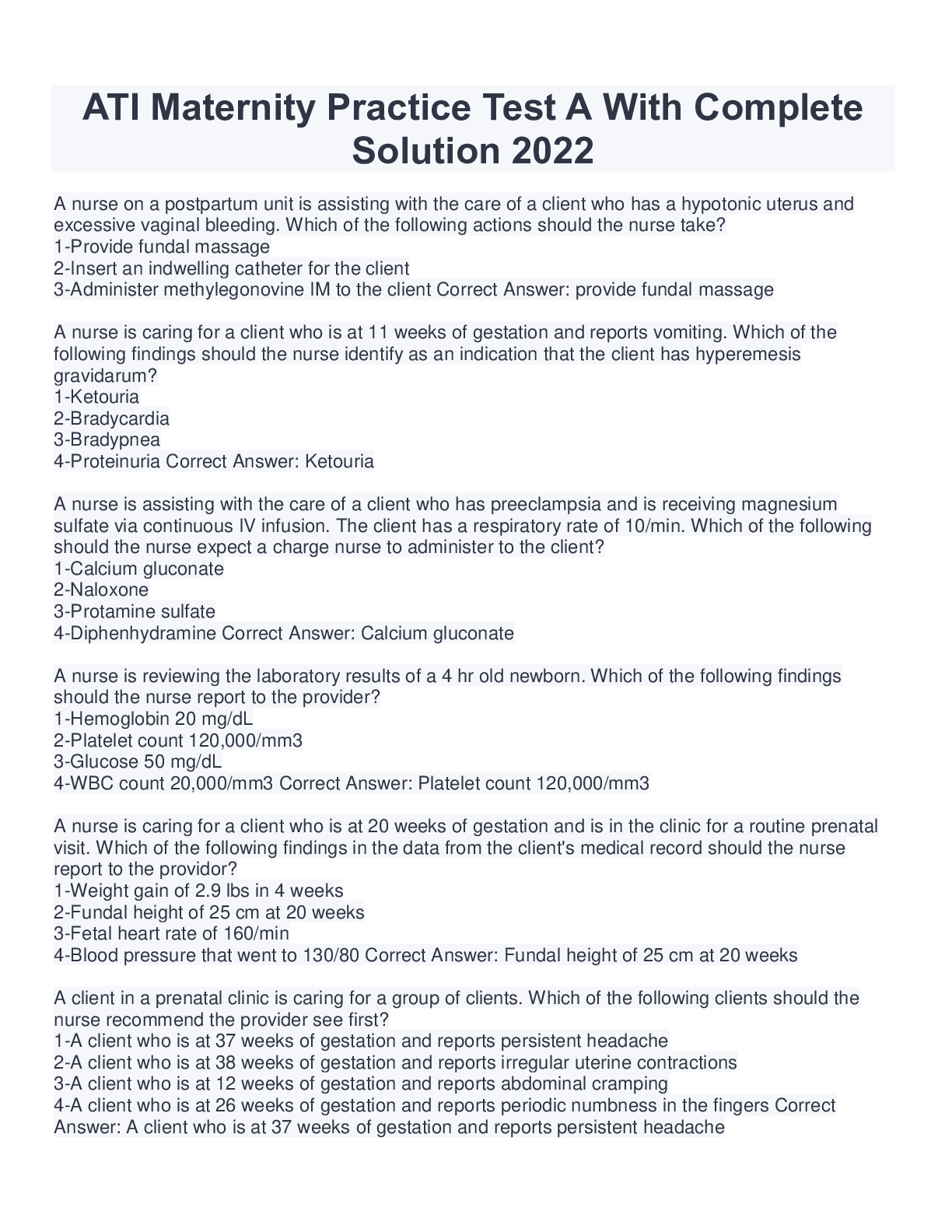 Preview image for ATI Maternity Practice Test A With Complete  Solution 2022